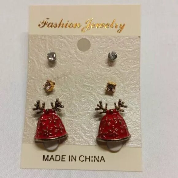 Christmas Fashion Earrings Set Studs 3 Pack Red Bell Holiday Hat Solitaire NWT - Picture 2 of 4